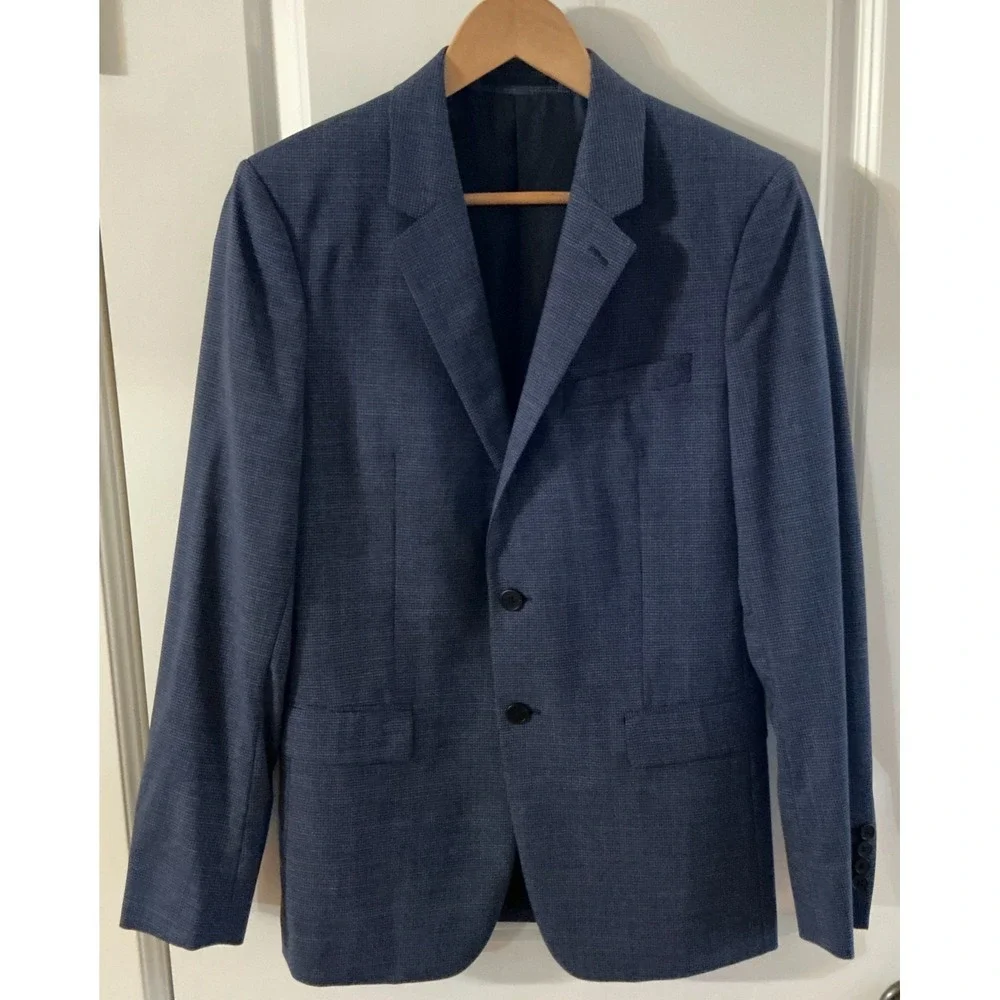 Theory Chambers Mens 36R‎ Blue Textured Micro Check 100% Virgin Wool Blazer